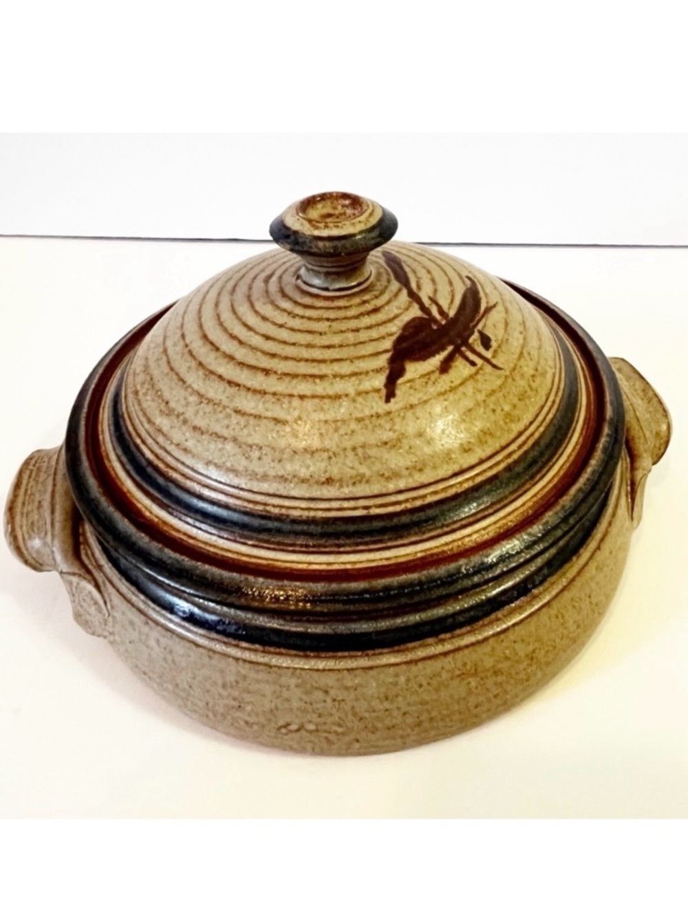 Studio Art Pottery Casserole Dish Lidded Stoneware Handles Handcrafted Signed